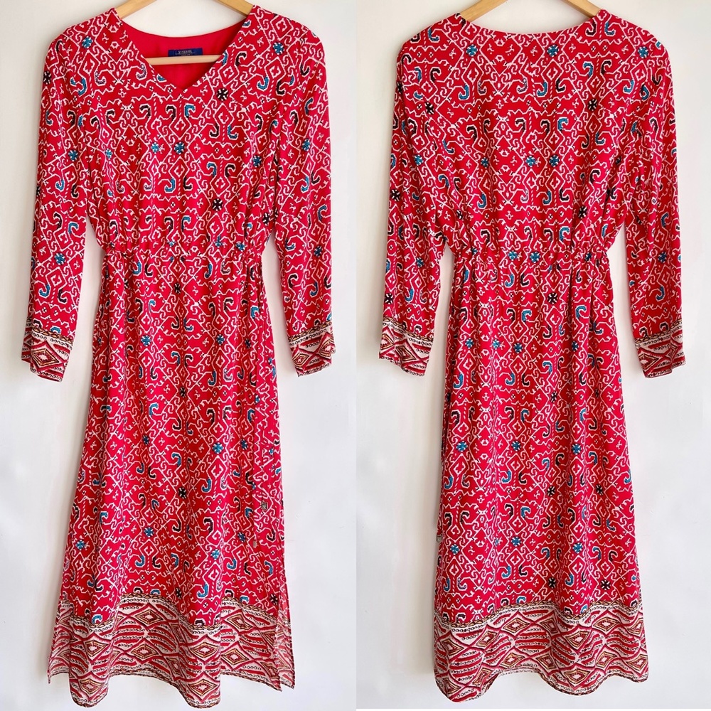 YINER Red V-neck 100% Silk Midi Drawstring Waist Dress. Size Medium